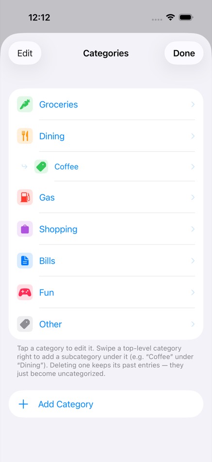 Categories: colored categories with monthly limits