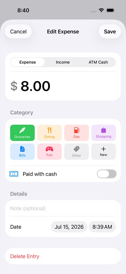Logging an expense: amount keypad and colored category buttons